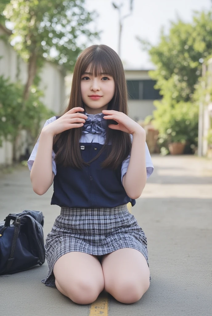 surrealistic、top-quality、 超A high resolution、Nikon Z 85mm、({(Raw foto:1.2)})natural soft light、profetional lighting、Look at viewers,
realisitic、Super live-action、Photorealsitic、The crotch is visible、{frontage、Angle from below}
({{Hands are out of the angle of view}})portlate、Cute High School Girl、Uniform miniskirt、Cute sailor suit、Sailor suit skirt、Dark blue skirt、((accurate hands without incongruity))
Both legs are bent、The toes are on the ground、The legs are spread in an M shape and the panties are visible.、Delicate thighs visible from the front、
Japan schoolgirl uniform、White panties visible from uniform miniskirt、(Panchira)Uniform miniskirt、Perfect raw legs、delicate legs、
perfectly proportions、A sexy、Chest visible、
Squatting deep in the city、Show your pants around town、
ulzzang -6500-v1.1, Well-formed face、perfectly proportions、Well-formed fingertips、
Cute High School Girl、 Beautiful face in every detail、Realistic human skin、Provocative facial expressions、Semi-long、Smooth hair、de pele branca、light skinned、 (hyperdetailed face、(very detailed lips、{round and detailed eyes}二重まぶた、Moist eyes、{Very delicate eyebrows})) (Strong-minded、(childish、pure、Attractive woman、charmed、glamor、Victory、Cheeky、glad、kawaii、Good aroma、))