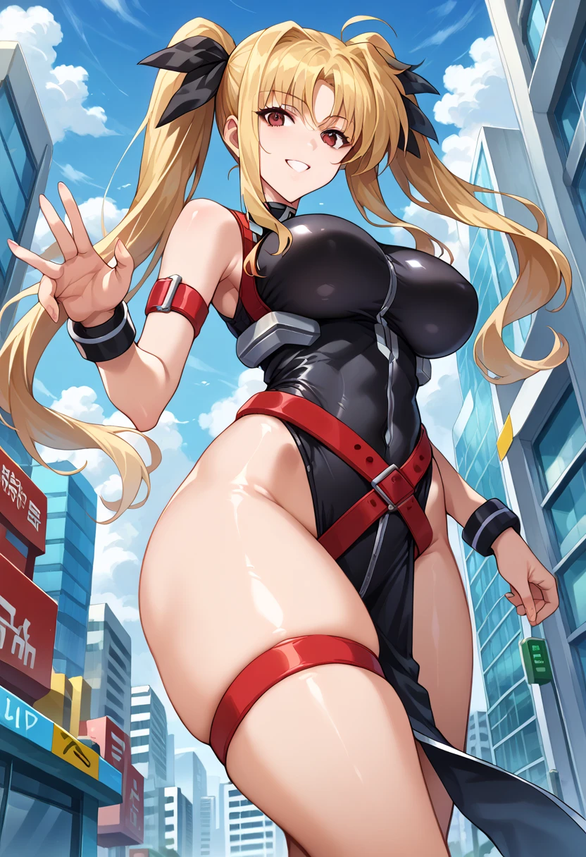 Giant Girl 50,000 feet high,Have a pair of long legs,Have a pair of huge breasts,Wearing a red bikini,Wear a pair of Mary Janes,Blonde curly hair,full of enjoyment,wariza in a crowded city, vandalism,It seems to be an invincible existence,Beautiful appearance,Exquisite makeup,quality,8K,High quality,(Governor:1.5),Perfect proportion, theater lighting,Film Grain,Fuji Colors,8K,Textured Skin,Super Detail,High Detail,high quality,high resolution,Fake laugh,morning,perfect body,full body image, tiny buildings between her thigh