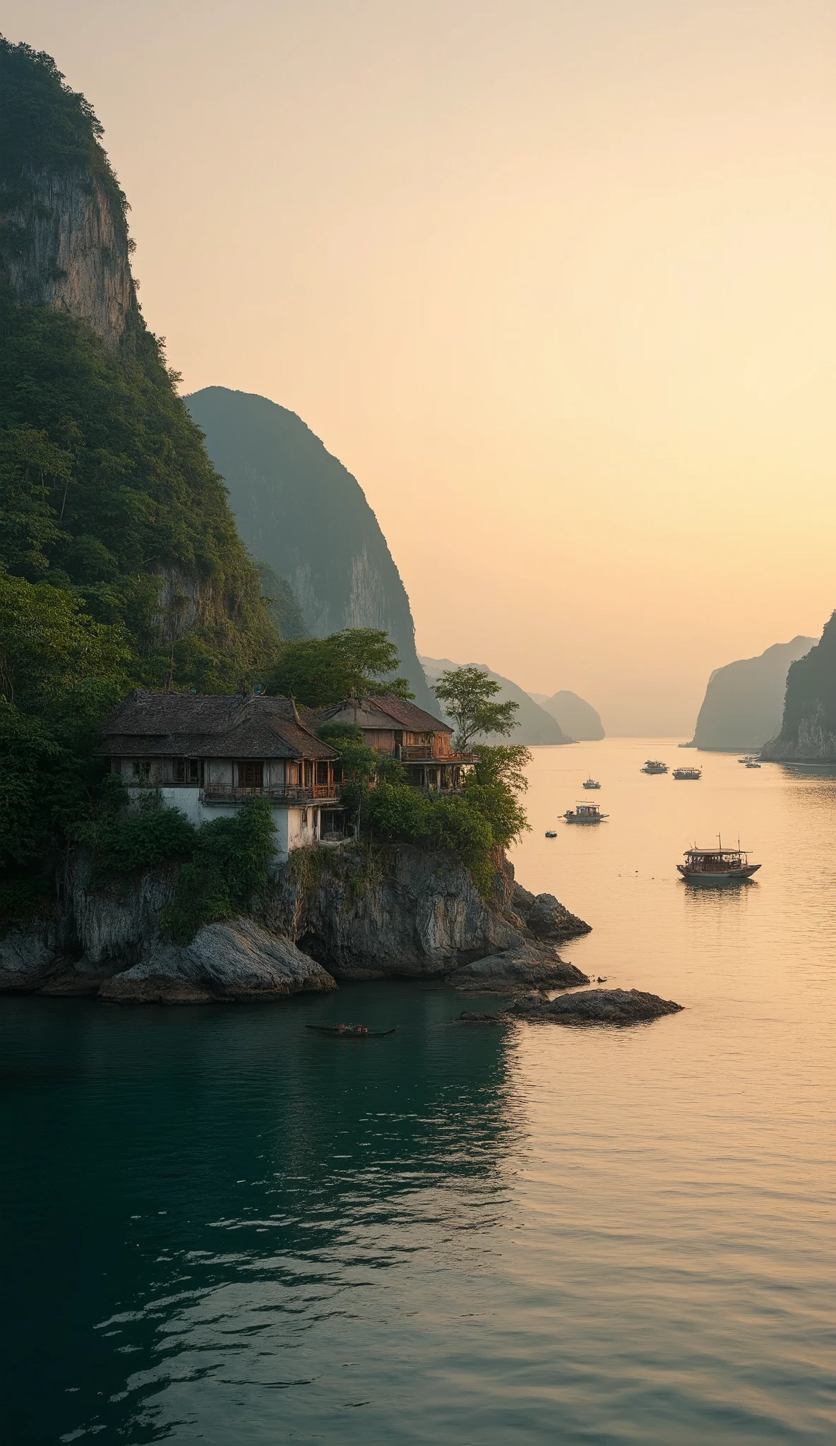 High Definition Images、(An image of the dawn in Vietnam with a house、)( Halong Bay、) with the scenery at dawn、  Vietnam、Good view with the faint light of the dawn、The bay in front of you、  quiet dawn 、  colorful landscape 、  Vietnamらしい船がいる、 Good balance between the house and the sea、An hour before the sun rises 、 Scenery as seen from the window of a house、 4K detail digital art、 natural scenery with rich colors、 Beautiful coast、  background artwork、