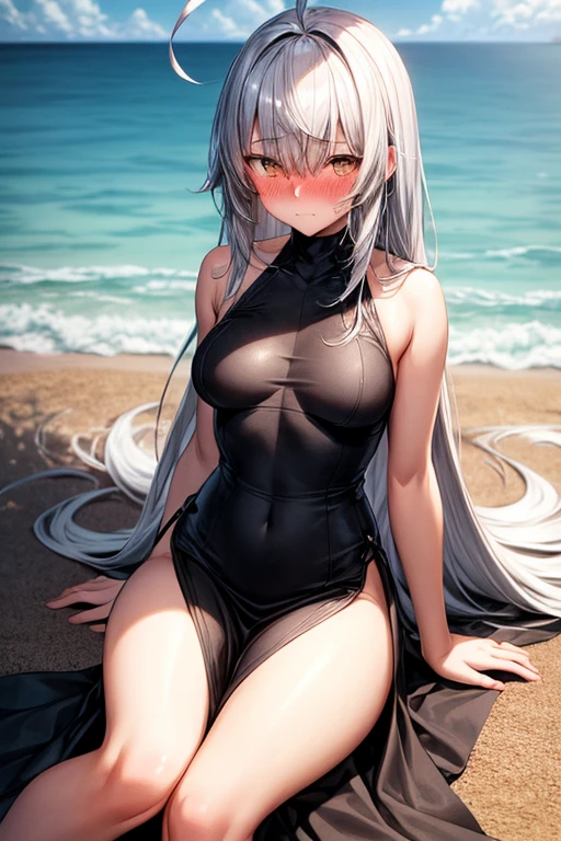 Silver hair, pink eyes, body, cat ears, sexy girl, earrings, beach background fantasy,yellow uniform, hair bow