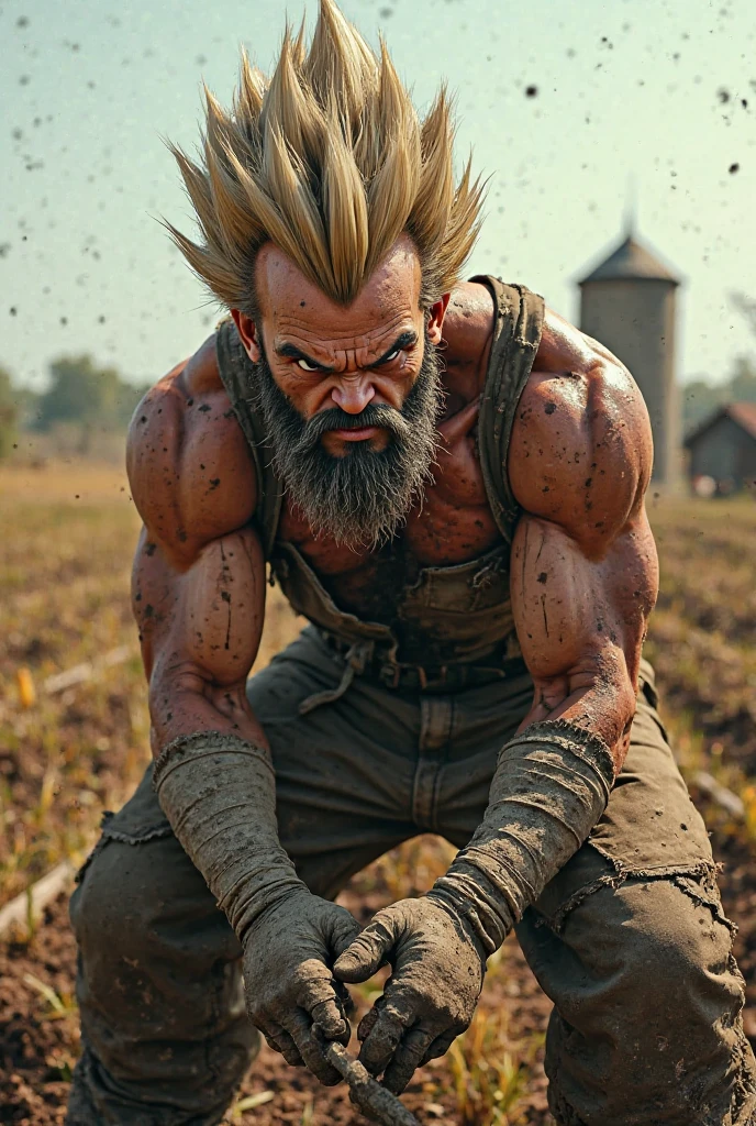 Real life adaption of this character, Old man face, hair the same length that covers his eyes, long beard and moustache down ,looking to viewer,realistic same pink hair,realistic battlefield background with black smoke, hyper realistic, realistic light, realistic shadow, realism,(photorealistic:1.2), (realistic same outfit),(realistic same accecories) , realistic same bag, realistic same gloves, realistic same belt, realistic same necklace, normal hand