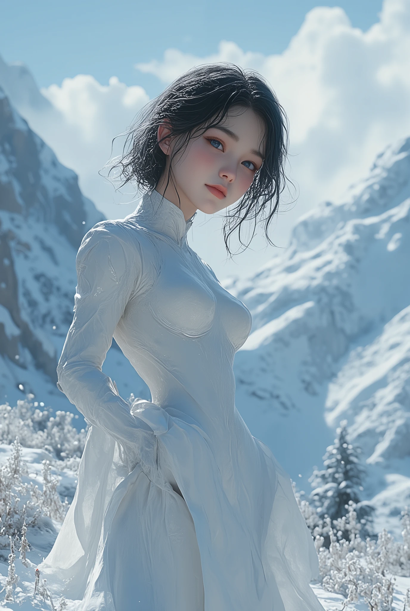 (ultra Realistic) , (illustration), (Enhance resolution), (8k), ( Extremely Detailed), ( detailed face ), Slim Body, in the dark , deep shadow, low profile, pureerosfaceace_v1, Happy smile, Winter, Mountain
