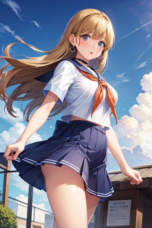 8K, flipping the skirt, white underwear, top quality, masterpiece, super detailed, super high resolution, girl, uniform, braided hair, make up, navy pleated skirt, strong wind, downtown