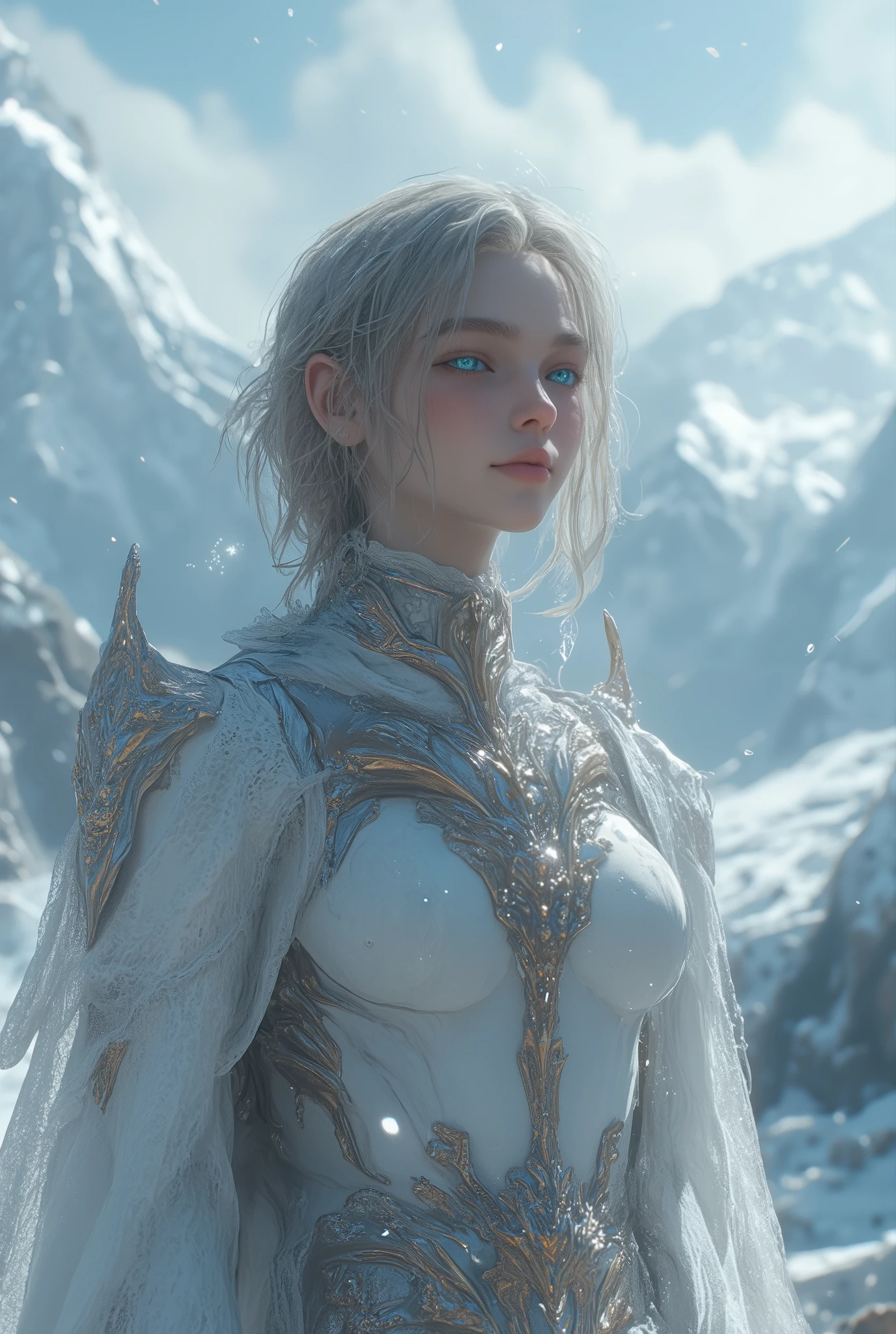 (ultra Realistic) , (illustration), (Enhance resolution), (8k), ( Extremely Detailed), ( detailed face ), Slim Body, in the dark , deep shadow, low profile, pureerosfaceace_v1, Happy smile, Winter, Mountain