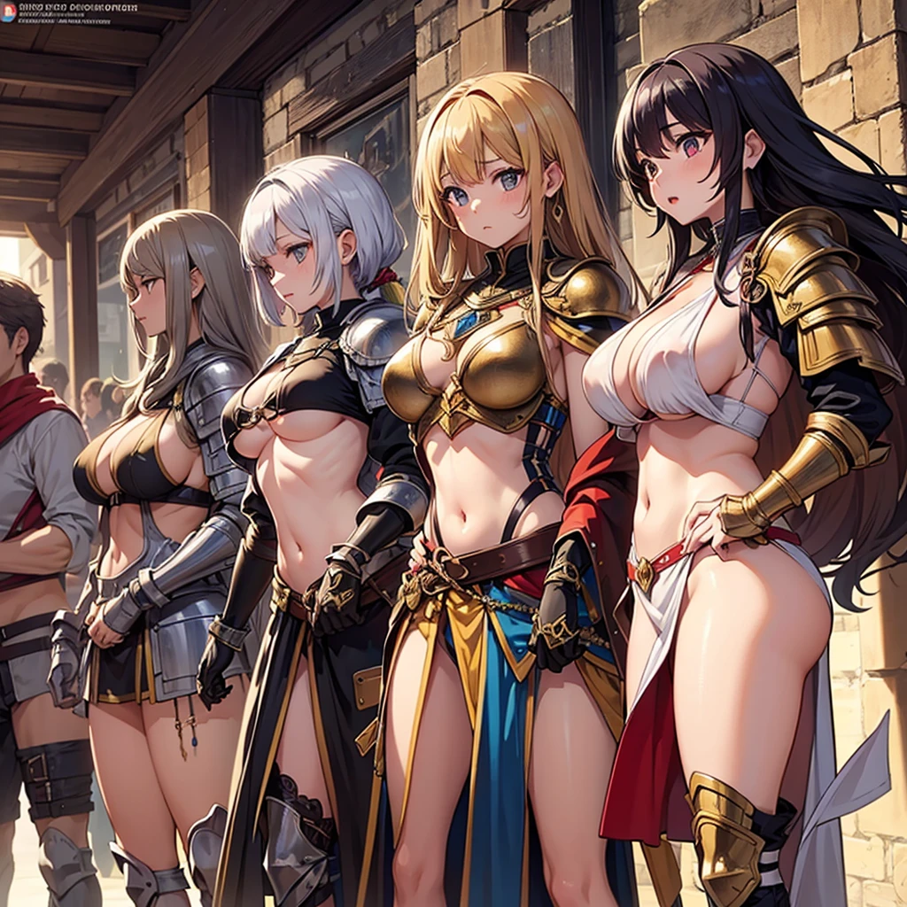 best quality, official art, masterpiece, textile shading, HDR, very detailed, colorful, best details, fantasy, battle armor, 1 human female, 25 years old, 3 boys bandits, Multiple horny bandits, Anxious and frightened expression, standing on stairs, Inside the cave, Dim brightness, choppy hair, big breast, skinny, Surrounded by a horde of bandits:1.9、Bandits in heat, Feeling like about to be attacked, mysterious atmosphere、cameltoe:1.3, looking back, ground level shot:1.9, fighting stance,