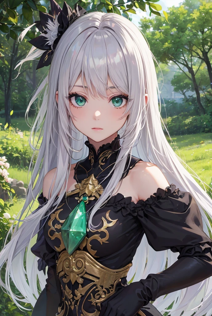 A woman with white hair has cat ears and green eyes