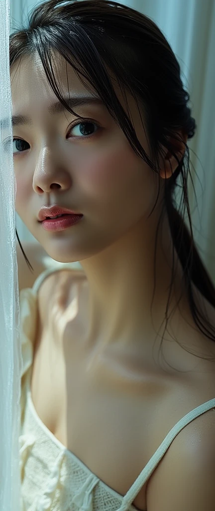 xxmixgirl, Analog Style, Eye focus, Highest quality, (Very detailed skin), Exquisitely beautiful white skin photos, 21 years old, Upper Body、Perfect Face, Captivating eyes, (Seductive makeup: 1.3), Skin pores, (Bokeh:1.5), Sharp focus, Dappled Lighting, (Backlight), Film Grain, (Very detailed, Exquisitely crafted), 8K, High resolution, Front view, Studio Light, Very detailed顔, Fine grain, (double eyelid: 1.4), Aristogle, Brown eyes, (commercial: 1.6), (Seductive makeup), ((White studio background: 2))