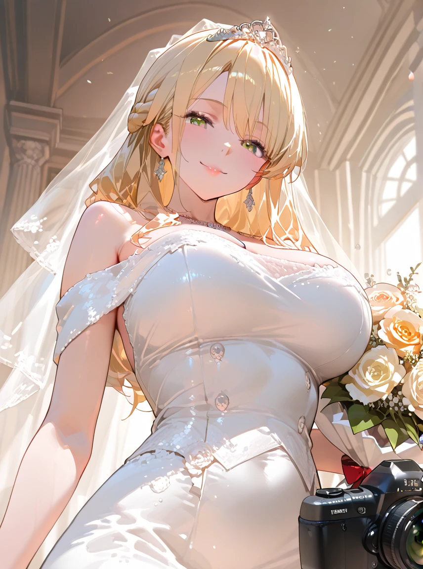 A woman with big ,Gorgeous woman,((Idol)),(Middle-aged woman),((30 years old)),Gorgeous Rococo dress,Long blond hair,Smooth underbust,Exquisite,rose Garden,Laughter,