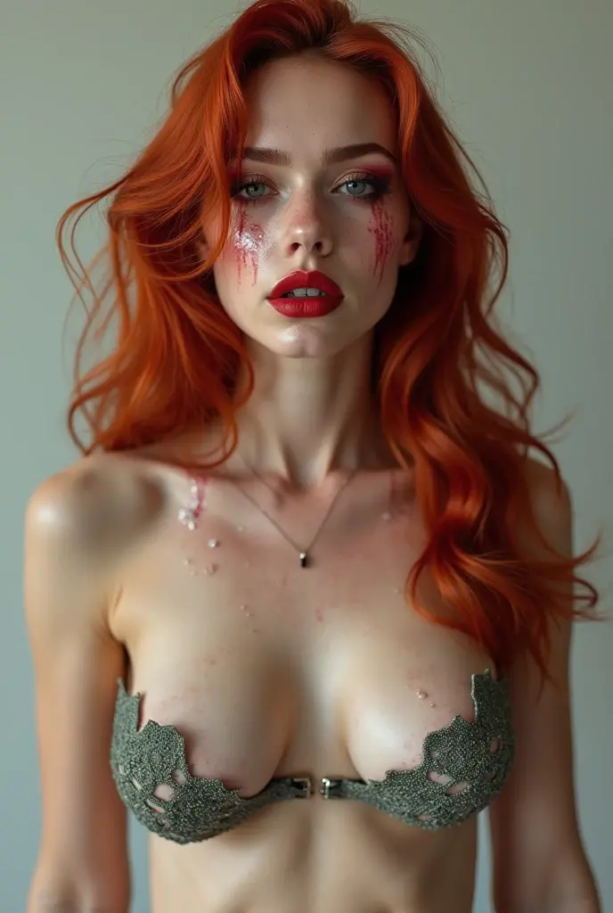 Nude, shaved vagina, A-cup breast, long waist length straight red hair, fringes, young European porn star, vagina tattoo, armpits, full body black tattoo, black background, legs open, kneeling, heart shape face, sexy looks, thinner lips, blue eyes,