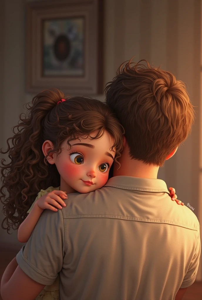 teenage girl with curly brown hair and white skin huging her father