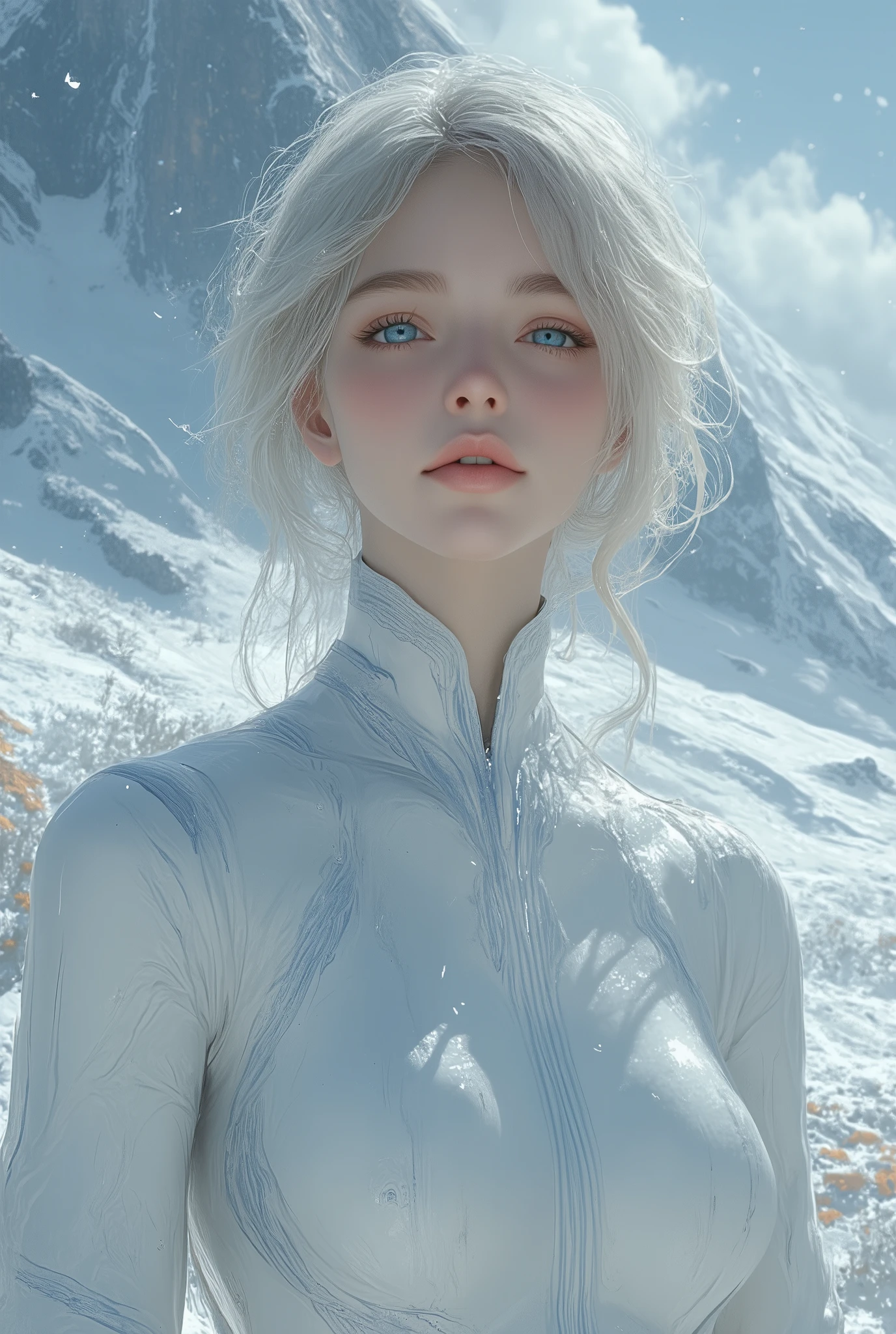 (ultra Realistic) , (illustration), (Enhance resolution), (8k), ( Extremely Detailed), ( detailed face ), Slim Body, in the dark , deep shadow, low profile, pureerosfaceace_v1, Happy smile, Winter, Mountain