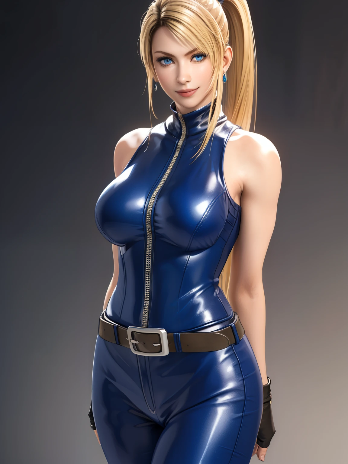 Sarah, blue eyes, very long hair, (shiny skin:1.2), (skinny girl:1.5), (American woman:1.5), blonde hair, high ponytail, floating hair, bodysuit, Shoulders exposed, (arms exposed:1.3), (medium breasts:1.6), (pushed up breasts:0.9), (curvy figure:0.7), (tight blue bodysuit:1.1), belt ,(sleeveless:1.6), zipper, boots, high heels, earrings, (short fingerless gloves:1.4), BREAK masterpiece, 1 girl, RAW photo, (best quality:1.2), extremely delicate beautiful, very detailed, 2k wallpaper, amazing, fine details, extremely detailed CG Unity 8k wallpaper, super detailed, high resolution, (beautiful detailed girl:1.2), perfect anatomy, (shiny clothes:0.6), (big smile expression:1.2), (upper body:1.2), (Realistic, Photorealistic:1.0), (thin nose:1.2), (breast focus:1.3), high nose bridge, (blue clothes:1.4), (hands behind back:1.7)
