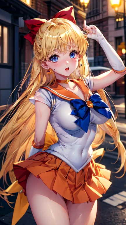 masterpiece, best quality, high resolution, Venus 1, 1 girl, Alone, Sailor Warrior Uniform, sailor venus, minako aino, BLONDE, Magical Girl, blue eyes, orange skirt , red ribbon, pleated skirt, bow, orange sailor color, miniskirt, choker, Red bow, Orange choker, extra long hair , jewelry, earrings, Cowboy Gun, cover, outdoor, street, execution, jump、uncorrected、no panties、bras、ashamed、surprised、camera、style and the skirt is turned upside down、Beautiful thighs、Beautiful body、big breasts、 full body view、 skirt is visible、blue sky、My eyes are watering、 beautiful eyes、black high socks、 beautiful lighting arranged in an orderly manner、from below、sweat、genitals are visible、Shiny