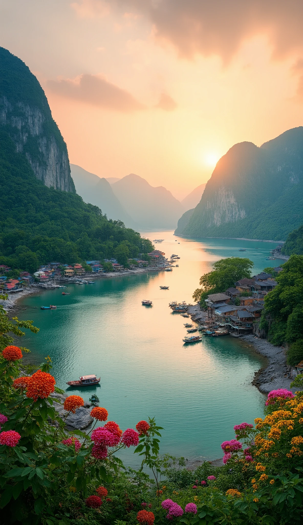 HIGH RESOLUTION PICTURES、(Images of Dawn in Vietnam with Houses、)()Halong Bay、夜明けScenery of、 Vietnam、色とりどりのFlowers and trees々Scenery of、The bay in front of you、 quiet dawn 、Flowers and trees々の色とりどりScenery of、 Vietnamらしい船が3隻いる、good balance between house and sea、1 hour before sunrise、Scenery seen from the seashore、4K detail digital art、Colorful Natural Scenery、Beautiful coast、