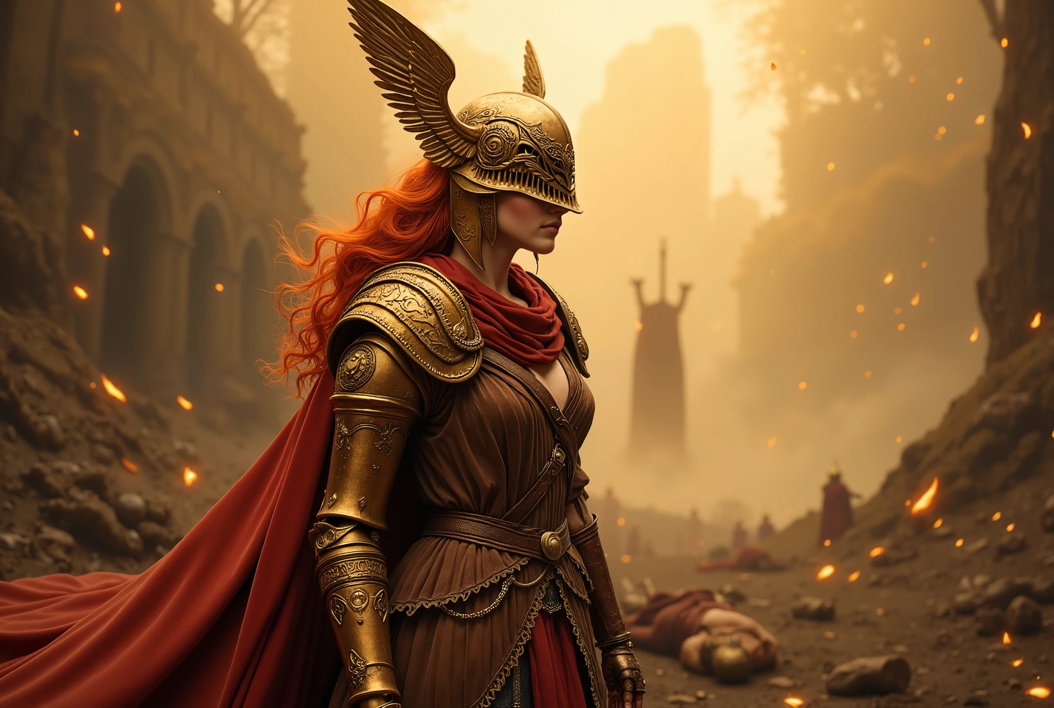 A highly detailed, cinematic portrait of Malenia, Blade of Miquella, standing in a mystical battlefield covered in golden rot. She wears ornate, battle-worn golden armor with intricate engravings, a flowing red cape, and her signature winged helm partially obscuring her face. Her long, fiery red hair flows dramatically in the wind, and her prosthetic arm gleams in the soft golden light. Fallen warriors and glowing embers float in the air, adding to the ethereal and ominous atmosphere. The background features an ancient, decaying battlefield shrouded in mist, illuminated by a soft, eerie golden glow. Ultra-realistic, 8K, cinematic lighting, shot with a Sony A7R IV, 85mm f/1.2 lens, hyper-detailed textures