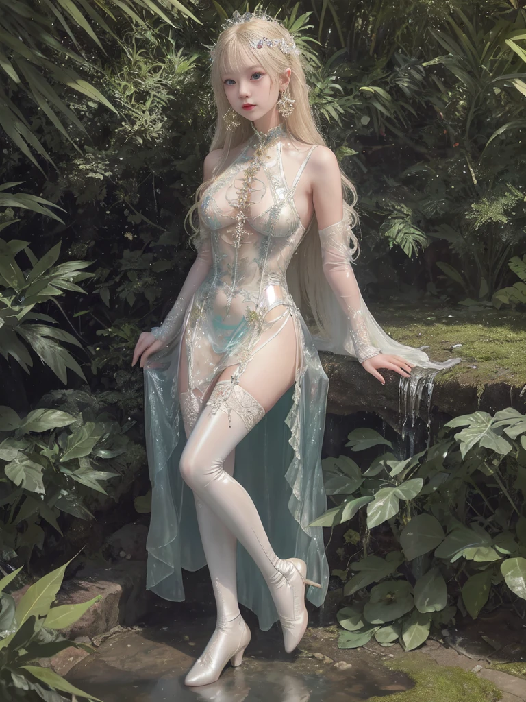 Surreal female portrait, Fantasy Art, Photorealism, Dynamic Lighting, art station, poster, Volumetric Lighting, Very detailed face, Eight thousand,,,1 Girl, In the park, Deep Shadows, Low profile, Transparent sexy clothes photos, (Transparent formal wear: 1.3), long hair, white hair, exposed, , yes, Hips,