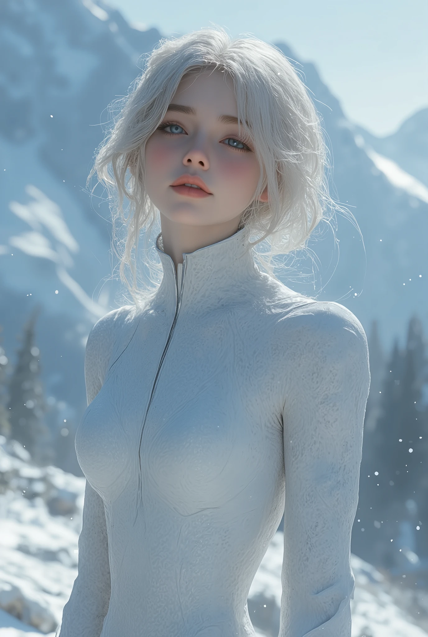 (ultra Realistic) , (illustration), (Enhance resolution), (8k), ( Extremely Detailed), ( detailed face ), Slim Body, in the dark , deep shadow, low profile, pureerosfaceace_v1, Happy smile, Winter, Mountain