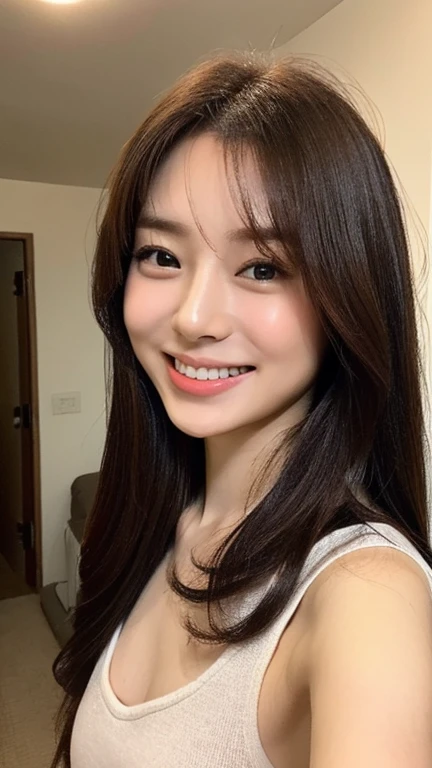 white tight shirt、white tight mini skirt、bed、smile、short sleeve、high resolution、Korean idol face