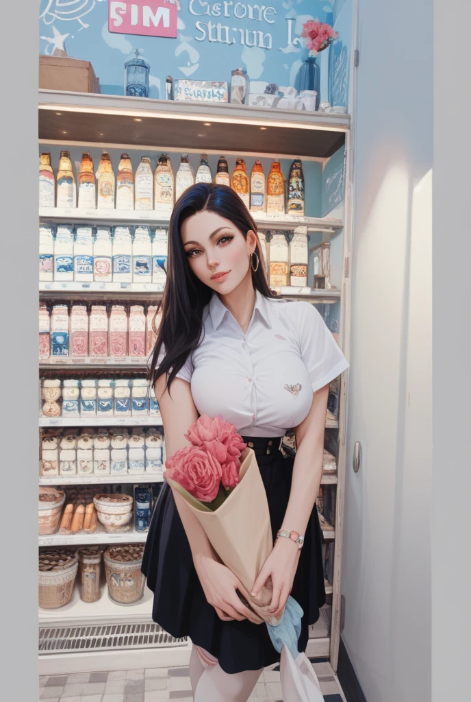RAW, Best quality, high resolution, (masterpiece: 1.3), (highlight hair), Masterpiece, (Huge breasts), (gigantic breasts), (massive breasts), (large full breast, see-through Loose oversized white bitton-shirt with visible nipples), beutiful face, detail face, big gorgeous eyes, smile, (girl in sexy suit), (wear: see-through wet white button shirt naked, (shirt naked), (Topless), (off-bra), (bottomless), (cleavage): 1.3), (wear: see-through miniskirt (micro miniskirt), (breasts tattooed), (heavily tattooed:1.3), (irezumi Tattooed), TATTOO, (chain o-ring choker), (shopping in a grocery store:1.1), open legs