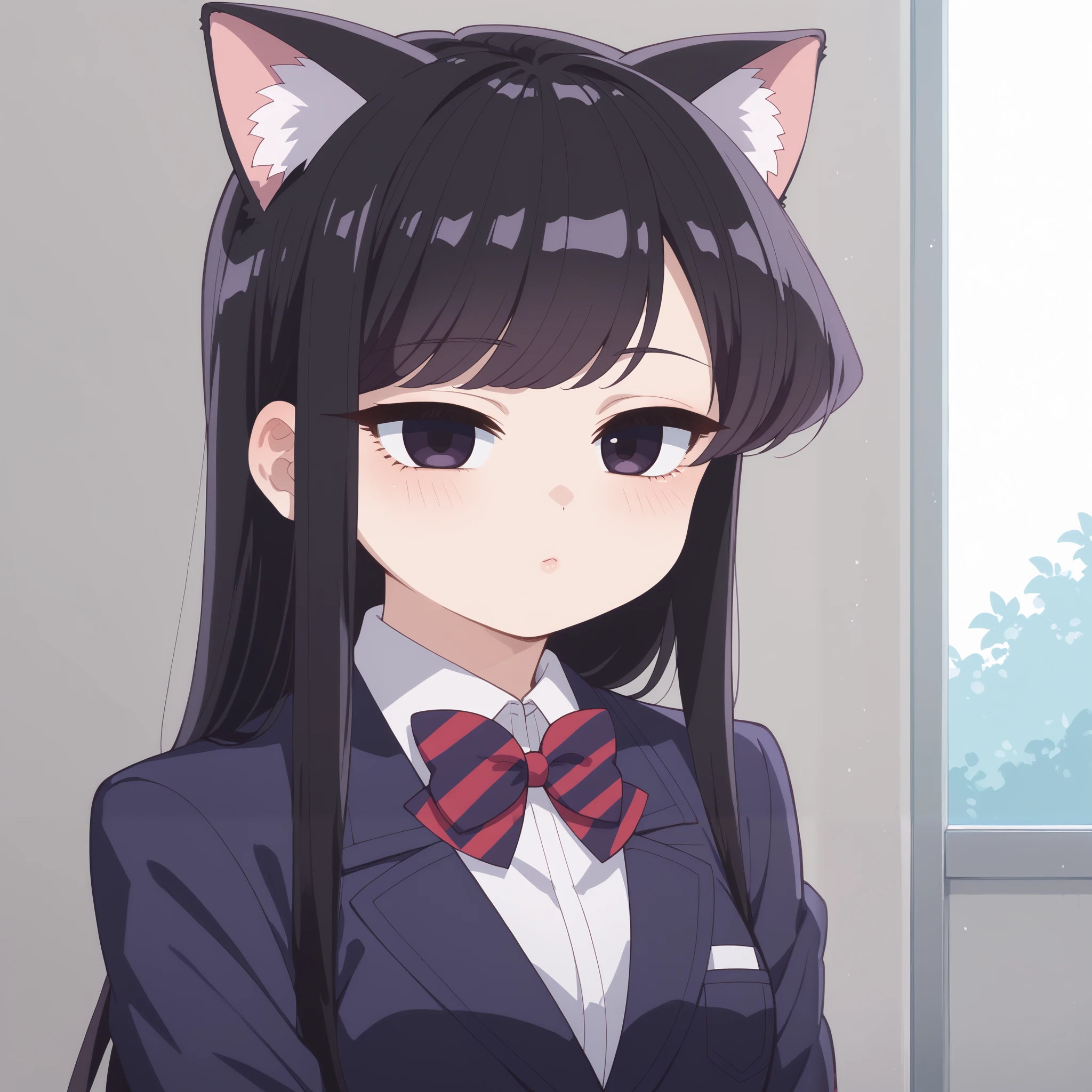 CartoonyIllustrious, chibi, (((best quality))), solo, standing, (upper body close-up), very big eyes, shouko komi, long hair, bangs, black hair, black eyes, half-closed eyes, skirt, shirt, cat ears, long sleeves, bow, school uniform, jacket, white shirt, pantyhose, pleated skirt, striped, collared shirt, bowtie, red skirt, blazer, blue jacket, striped bow, striped bowtie