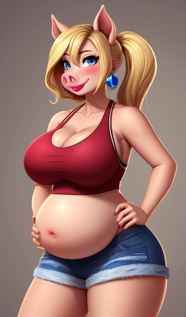 ((Best quality)), ((masterpiece)), (detailed), pig, pig girl, furry pig, big body, большой body, is sitting, smooth belly, shorts, серые shorts, T-shirt, View from afar, long hair, blonde hair, Beautiful face, skinny face, age 45, voluminous hair , curly hair, pig furry, Only 1 character, надутый belly, very big body, fat body, bloated body, pumped body, backyard of the house, round belly, smooth belly, pump, belly is round, Navel, Long legs , однотонная T-shirt, Hands down, scared look, very beautiful, very afraid , looks at the viewer, Look at the viewer, astonishment, Very high, high growth, side view, old age