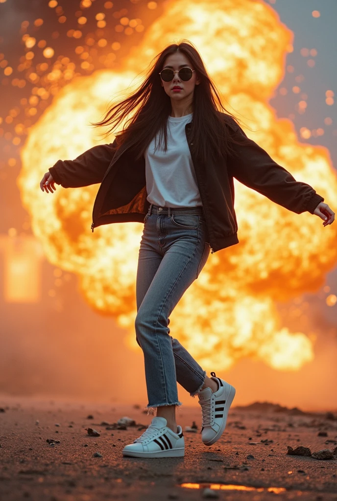 1gril,fullbody,miniskirt, 
blown away by the blast,
surprised face,
A person's raised buttocks emit a fiery burst of flames while passing gas,