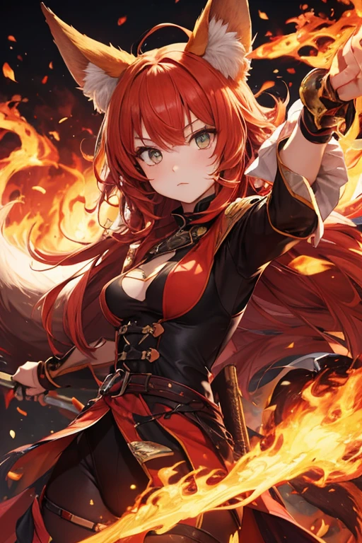 best qualtiy,tmasterpiece,Ultimate Resolution,downy,highly colorful,woman,Flame-haired Shakugan,Dragon horn、China、trouser,Kungfu