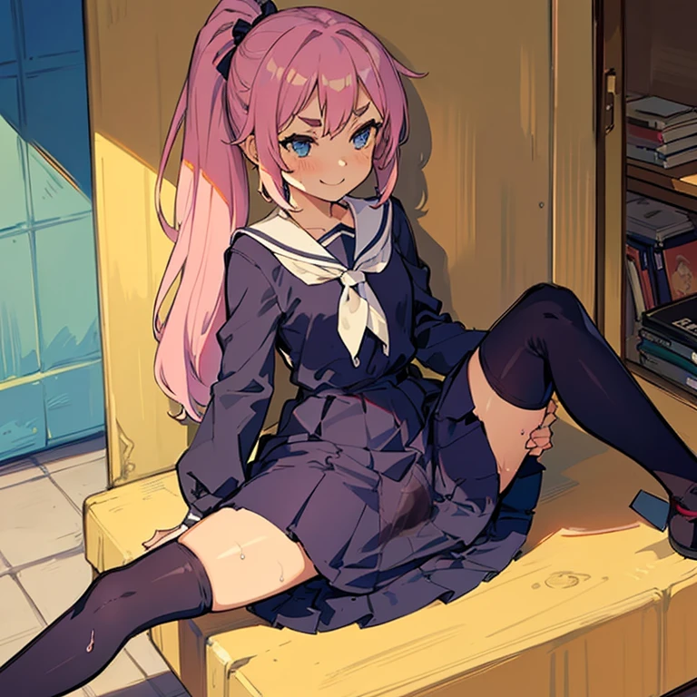 Girl with pink hair, long twintail hairstyle, ((small bushy eyebrows)), wearing gothic lolita clothing, lolicon , walking to school, flirty smile,, bored look, bored face,, (sitting with legs open lifting her skirt to show her vagina wet with semen), sitting  missionary sex , male pov, looking from above view
