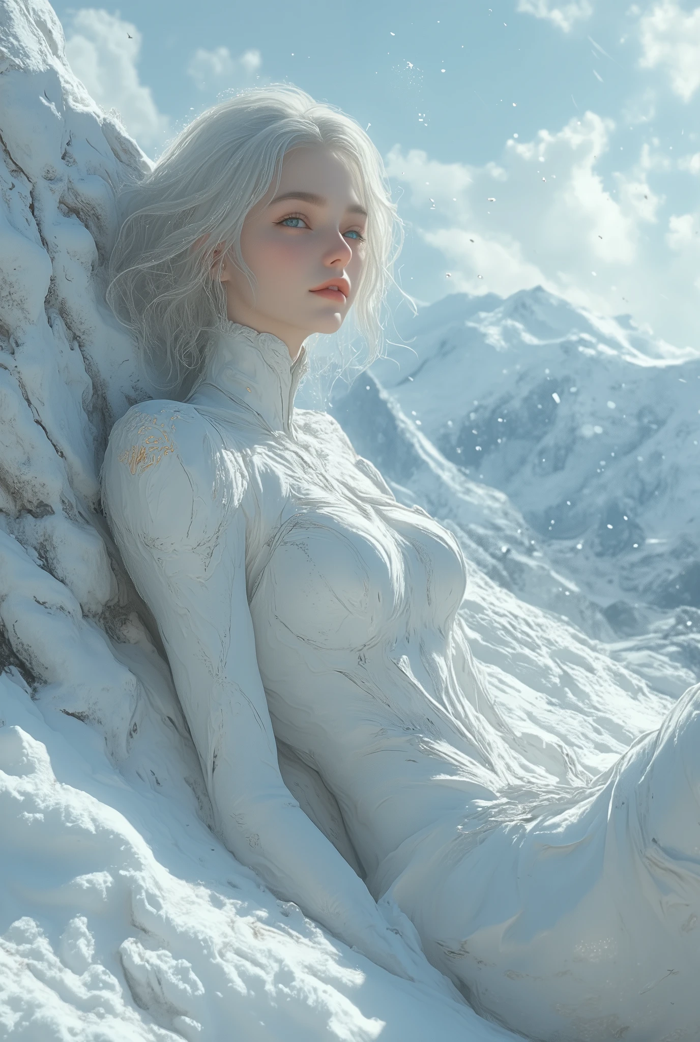(ultra Realistic) , (illustration), (Enhance resolution), (8k), ( Extremely Detailed), ( detailed face ), Slim Body, in the dark , deep shadow, low profile, pureerosfaceace_v1, Happy smile, Winter, Mountain
