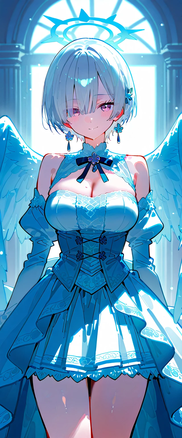 Please follow the all prompts below exactly and faithfully, masterpiece, Maximize highest quality:1.5, Maximum highest beautiful and highest realistic 3D digital illustrations with all upgraded:1.5, maximum resolution, UHD, 16K, 1080p, ultra highest clear details, smooth, soft and clearly and most realistic skin texture and hair texture:1.5, highest beautiful detailed eyes texture:1.5, Amazing dynamic movement:1.5, Beautiful backgrounds with depth of field, Most beautiful natural light, Rule of thirds, Maximize every effect and present it in the ultimate quality, 1woman, sexy, cool beauty, 25years old, beautiful face sharp, elegant mature woman, Ultimate perfect body style, beautiful big breasts, Maximize upturned breasts, beautiful green eyes, shiny light blue hair, short hair, Shag cut, (eyes visible through hair:1.3), glossy very thick lips, pink lipstick, smile:1.5, A captivating and unique queen wearing an ice dress, detailed with intricate ice crystals forming delicate lace patterns, flowing water-like patterns that shimmer with every movement, long skirt with cascading ice layers, adorned with a tiara made of frosted ice, wearing gloves of transparent ice, holding a scepter with a glowing ice gem, surrounded by a swirling blizzard, dynamic pose, background of a massive ice-covered glacier,