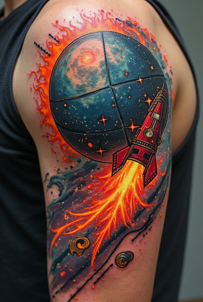 An arm tattoo that covers the shoulder to the wrist with a space theme. On the shoulder, an intricate design of a constellation flowing downwards. in the arm, an astronaut in a dynamic posture, floating between planets, with a rocket taking off in the background. Including the moon, stars and meteors scattered throughout the design, creating a sense of vastness and spatial adventure. The style should be detailed and realistic., with deep shading and pops of color to bring the scene to life. I have dark skin so the tattoo can be seen on my skin, give me 5 options.