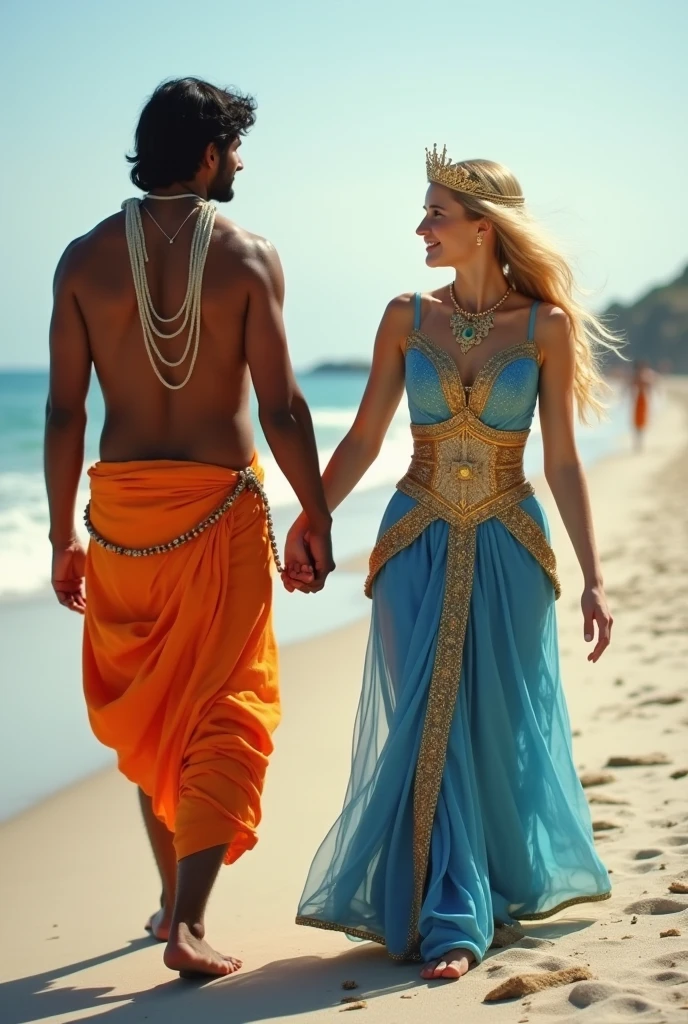 An Indian man wearing an orange dhoti and a blonde skin Portuguese princess wearing a blue and gold dress with a gold crown The girl and the Indian man are holding the hand of the Portuguese princess They are both walking looking at the camera In the background is a beach with white sand and blue water. The image is in a romantic style, with soft lighting and a dreamy atmosphere