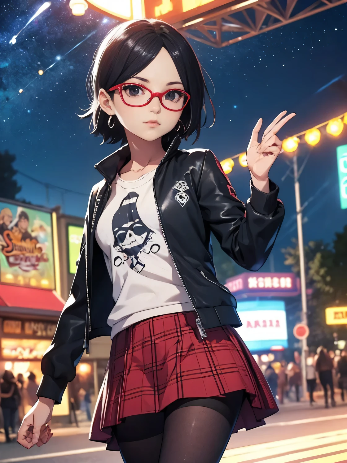 Sarada Uchiha with short hair, black eyes, wearing red glasses, she is wearing earrings and strings. She is dressed like a punk rocker. ( She is wearing a white t-shirt with a rock band print, a plaid skirt and a leather jacket with tattoos, pantyhose ), ( and is riding in a brightly lit amusement park on a starry night ), ((( parading, standing )))