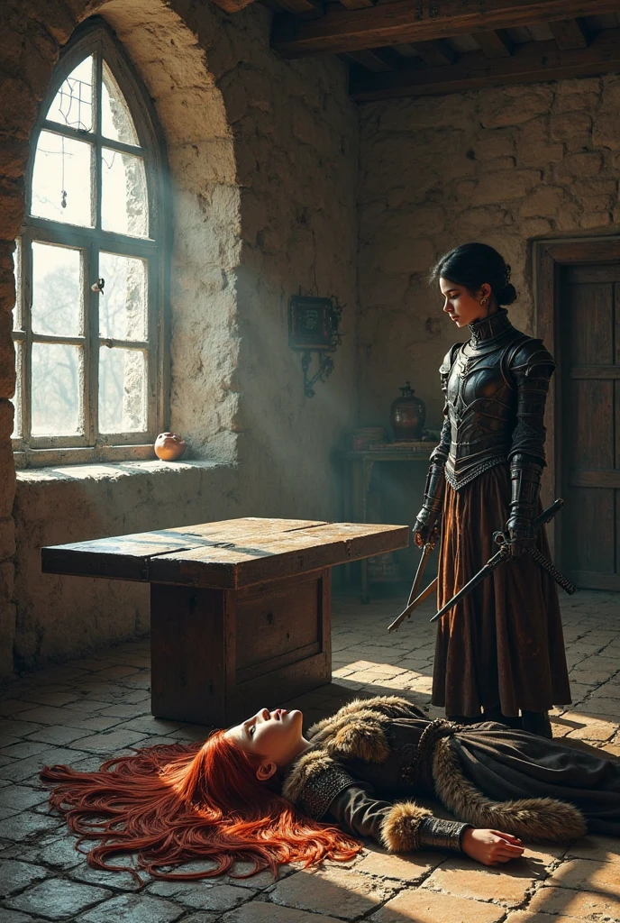 "scene of a wounded female warrior rising from dying in battle,sitting pose kneeling and bowing head,bloody,dying,surviving,medieval background scene,perfect pose,perfect anatomy,dramatic atmosphere,atmosphereic light,semi realistic digital painting"