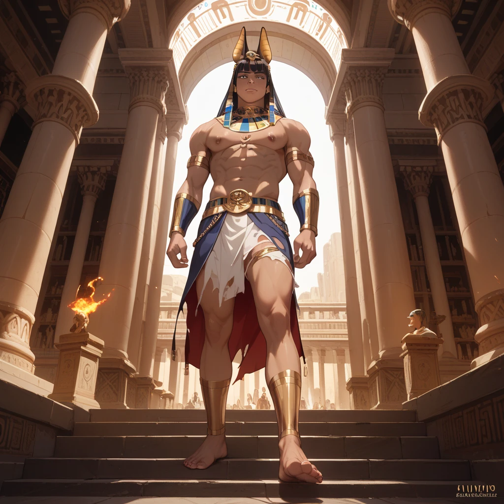 Powerful warrior, chest bared, lower body uncovered from thighs to feet, luxuriant long curls, meticulous muscle definition, photorealistic rendering, 4K resolution. Background: Ancient Egyptian temple complex,32k uhd, best quality, masterpiece, super detail, high details