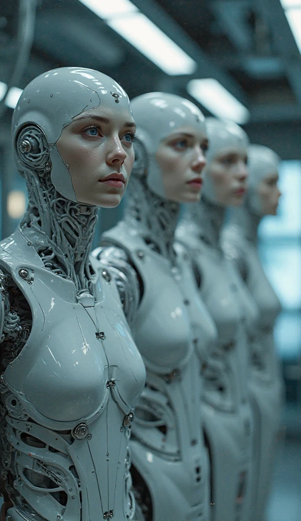 there are many mannequins lined up in a row, highly detailed vfx scene, white biomechanical details, darren aronofsky, human computer, large arrays, portrait of female android, artificial intelligence logo, human female, bluray image, anthropomorphic female, cycles engine --ar 16:9