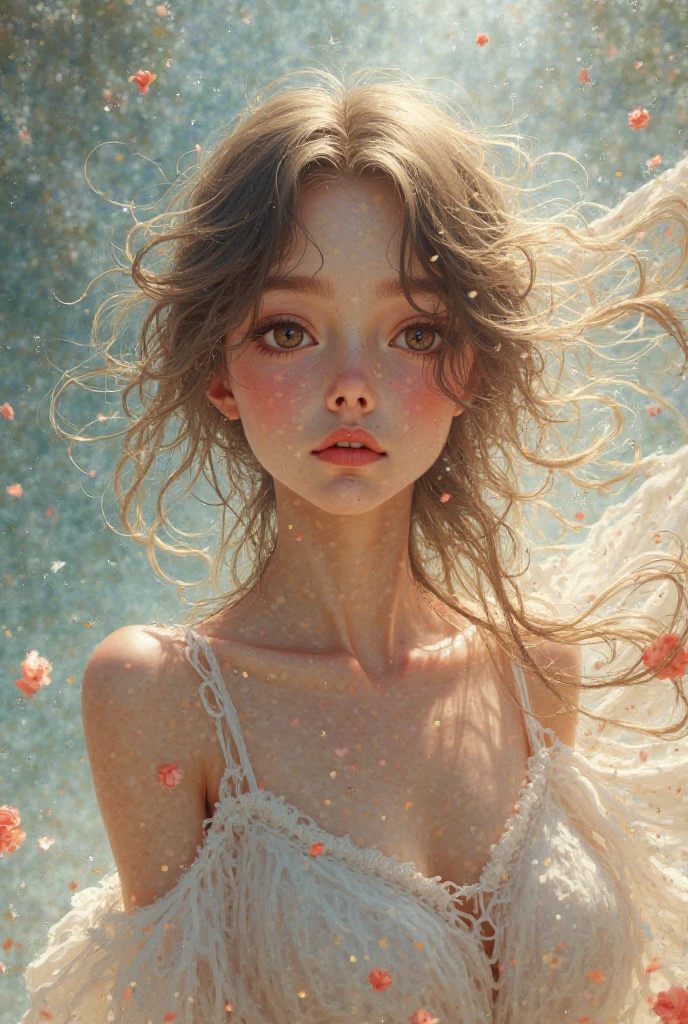 (masterpiece), (Highest quality), (Super detailed),(Disheveled Hair),(figure), (1 person), Are standing, Fashion Model, View your viewers, (interview), (Detailed Background),Beautiful attention to detail, Delicate and beautiful face, floating,(High saturation),(Colorful splashes),Colorful Bubbles,(The Shining), Focus on the face, Floating Flowers, Floating hair, (The Shining), Best lighting, Best Shadow, 1 Bad only