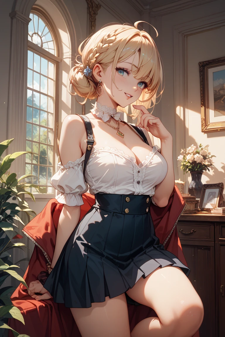 Himiko Toga, ,,(Alone),Himiko toga,(boku no hero academia),(short blonde hair with two messy pulps in her hair and yellow eyes with cat pupils),(Wearing),+,Wearing),+,(\A maid uniform with The apron is made of sheer, almost translucent black lace, which barely hides the maid's curvaceous body underneath. The front falls scandalously low, exposing the fullness of her breasts and most of her cleavage. Thin straps hold the apron in place, digging into your shoulders and drawing attention to your toned arms. Her corset is a slinky red number with built-in push-up cups that enhance her already impressive bust size. The corset has a deep V-neckline that disappears into the apron, emphasizing her ample cleavage. Thong-style laces crisscross her back, drawing attention to her narrow waist and the tantalizing hint of her ass. Her miniskirt is made from the same sheer lace as her apron, ending at mid-thigh to give a full view of her toned legs and the red garter belt wrapped around them. The garter belt supports fishnet stockings that ride up mid-thigh, adding a touch of fetish to the overall look. On her feet, she wears stiletto heels with ankle straps, enhancing her seductive and leggy appearance. Her hair is styled in loose, tousled waves, framing her face and drawing attention to her full lips, painted a bold crimson red. To complete the look, she uses a white duster as a prop, using it to tease and caress her own body in suggestive ways. The overall effect is one of unabashed, unapologetic sexuality packaged in a classic maid uniform that has become entirely explicit and provocative.)/,+,(\Facing the front of the fourth wall looking at the fourth wall:1.5)/