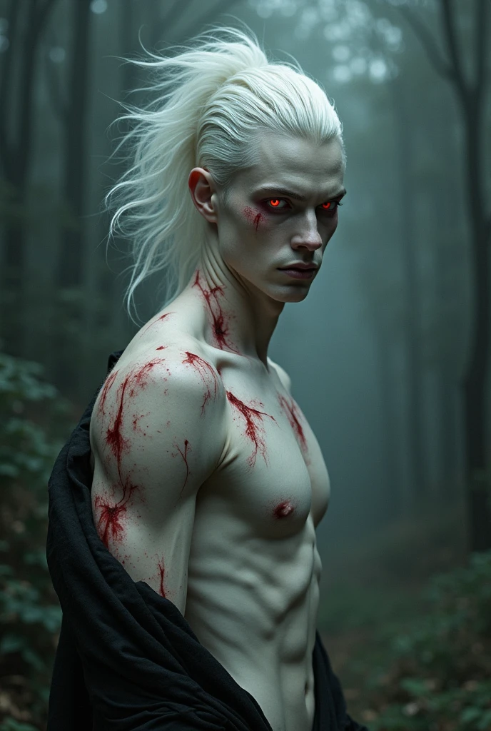 Skinny male or guy in white clothes with waist long white hair, fair skin and dark violet eyes with fires and blood down  his arm and tears down his face