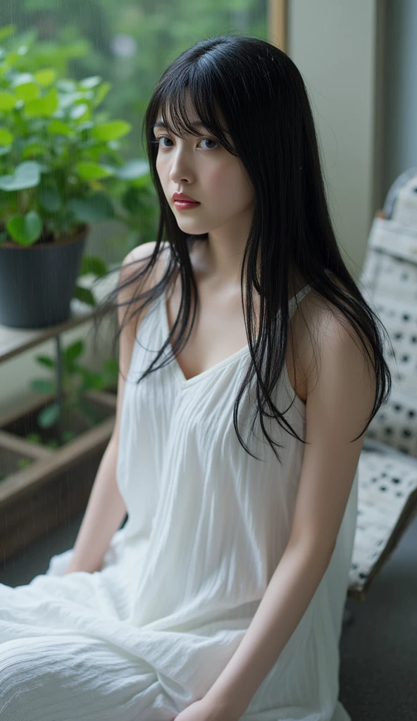 Realistic taste of Japanese horror movies, ((Masterpiece)), (best quality), (Ridiculous quality), high resolution, 32ก, (realistic:1.4), black hair, A hyper-realistic image of Sadako, (((tear, Sexy White Dress))), ((gray skin)), Long hair above the eyes, Close your eyes, cover your face., A face that was completely hidden by long hair., scary woman, abandoned house, The atmosphere is gloomy., Extraordinarily large cleavage, full body shot, View of the whole room, (Crawl on hands and knees on the floor.), slim body, Add a nurse&#39;s hat, big breast, breast in detail. (Facing the audience)
