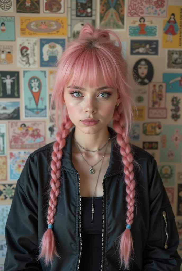 girl with pink braid hair in a car, posing, black casual fit