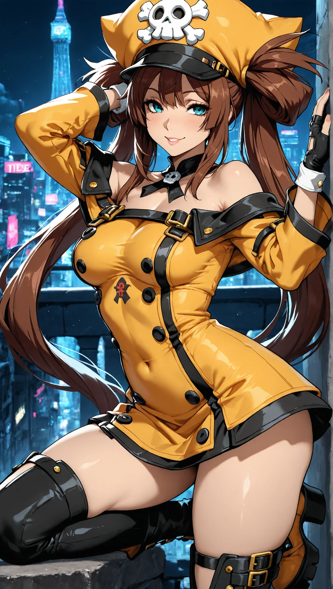 (masterpiece, best quality:1.2), solo, 1girl, cordelia_fe, red eyes, red long hair, wing hair ornament, smile, closed mouth, looking at viewer, BREAK bared shoulders, crossed arms, wearing red jacket, yellow, crop top, yellow shorts, thighhighs, midriff, cleavage <lora:cowboybebop_faye:1.0> <lora:cordeliaBetaV4:0.9>