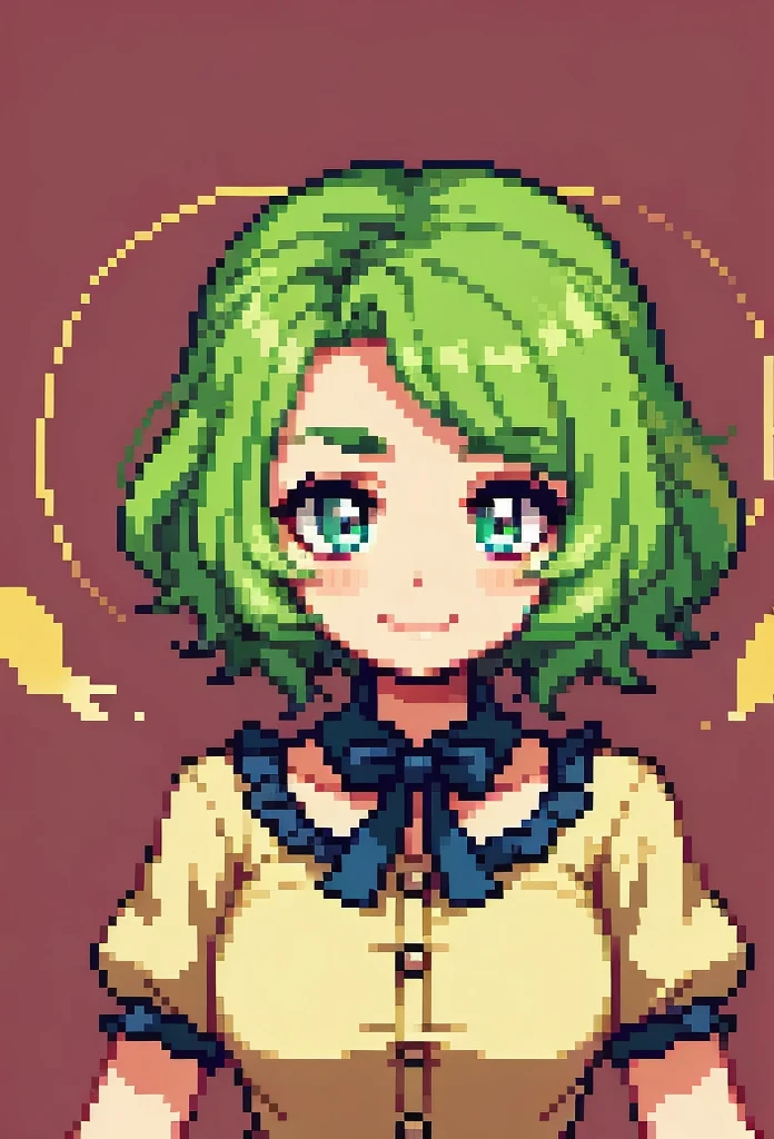 a female don't starve character with a kind face, short light green hair and rosy cheeks