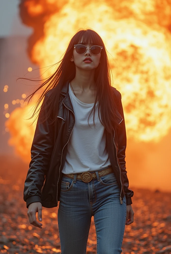 (best quality, photorealistic, hyper realistic, masterpiece:1.3), a close up photo of 1girl, perfect ass, short white pants, shirt, jacket, fire, smoke, fog, very fast, night street, destroyed buildings, (city), light effects, high quality, highres, 4k, 8k