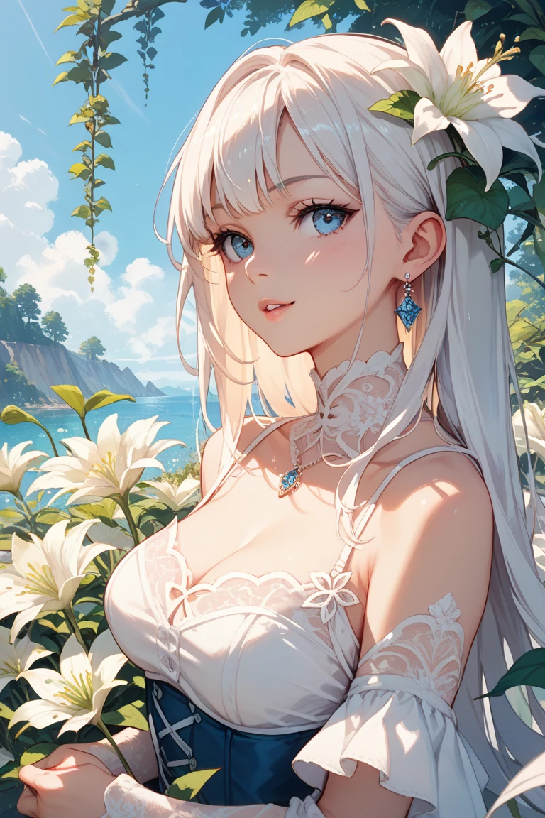 (masterpiece:1.4、top-quality、illustration:,realistic、)、(character focus、,upper body1.3)、(1girl),(clear face:1.3),(),cute face,blue eyes、(tareme:1.3)、(white skin：1.2),
(),(stand:1.4)、(),、
(white hair),(long hair:1.5)、
,(meadow:1.3),（white lace bra,white lace panties:1.5),
(blunt bangs),(sidelocks:1.3), (huge breasts)、
、slender、