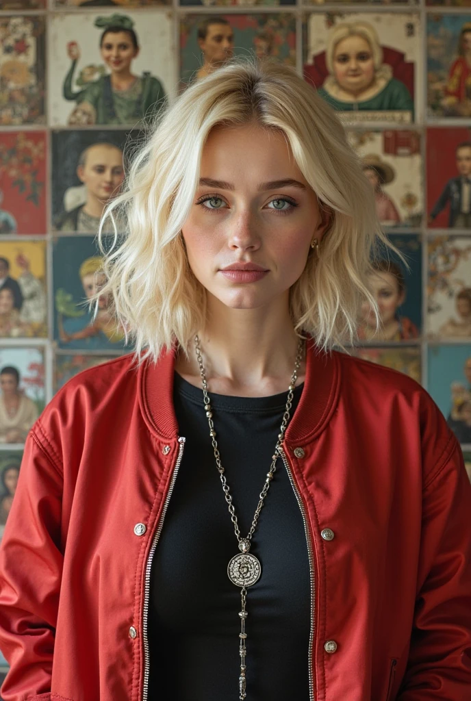
8K , masterpiece background , tiles , foreground , front view . pale skin , big eyes ,  subtle makeup  , smuffed nose smile , green eyes , , blond hair, bollos . red bomber jacket,  oversized clothes , Ornaments , black top , silver necklace . neutral expression , slightly downcast look . Collage background , ancient