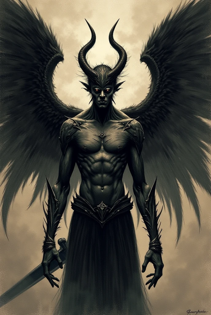 Lucifer with one horn turned right and another turned left with the body divided into black and white with a dark digital touch and alchemical symbol