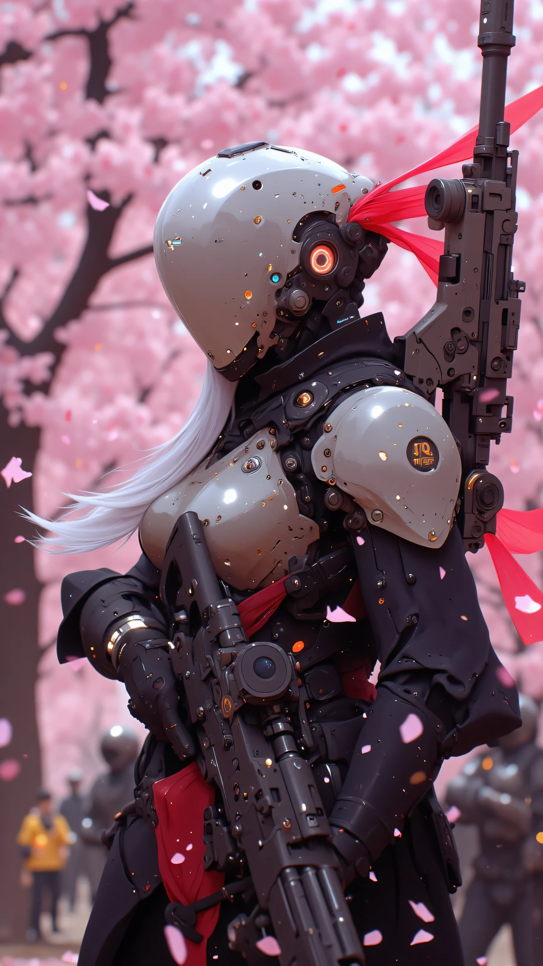 Picture a breathtaking scene where a mechanical gladiator robot is set against the vibrant backdrop of a cherry blossom forest. The robot's body is a masterpiece of mechanical craftsmanship, with gleaming alloys and hardened plates that reflect the soft pink light of the blossoms. Cherry petals dance around it, creating a mesmerizing contrast between the delicate beauty of nature and the rugged power of machinery. In the shadows, other mechanical creatures lurk, their bodies a testament to the brutal battles they have endured. A massive AWP rifle rests on the robot's back, while a camera hangs from its chest, capturing the beauty and brutality of the scene. The robot's chest is boldly curved, and its long white ponytail flows elegantly, defying the chaos around it. A bright red scarf floats through the air, adding a splash of color to the serene yet intense scene. The entire image is rendered in flawless 8K resolution, with cinematic lighting and detailed ray tracing that highlights every detail, from the dust particles to the metallic sheen, creating an unforgettable visual experience.