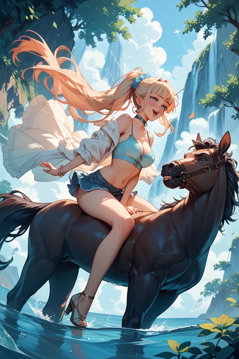 ((best quality)), ((anime masterpiece)), (high detailed), 8k, cinematic lighting, swimming in the water, splashing
