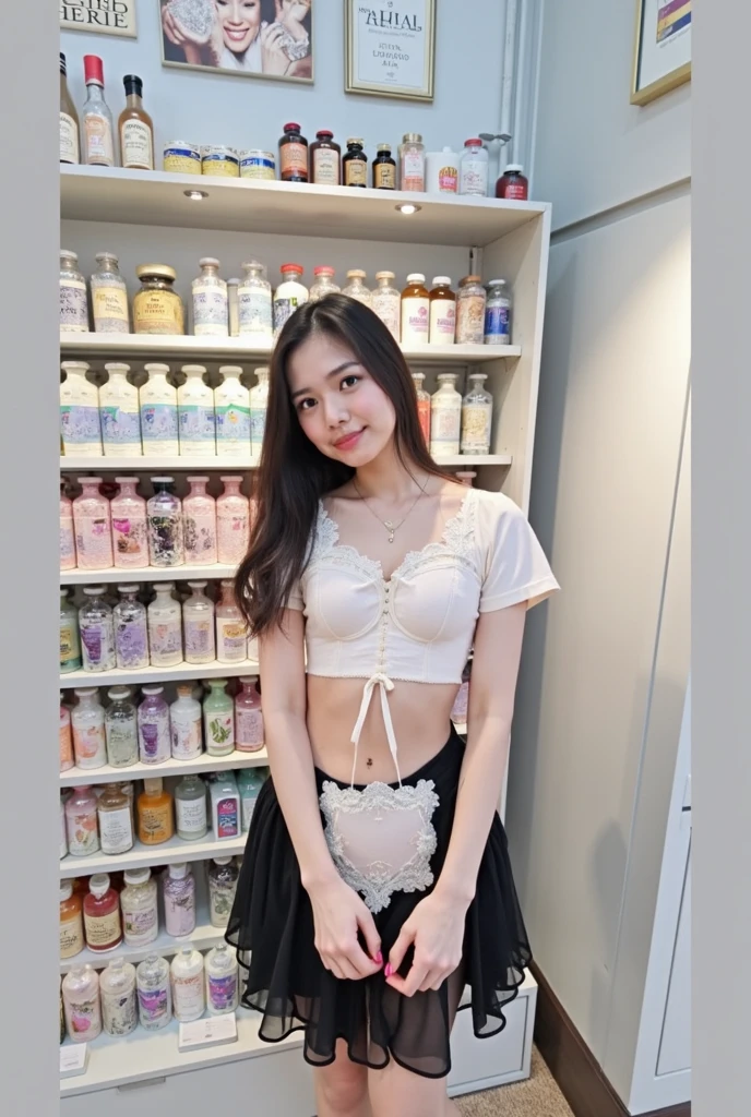 8K、RAW Photos、Highest quality、Super detailed、Super Resolution、Ultra HD、8K壁紙、Amazing details
((Full body photo))、Inside the Starbucks store、 girl in uniform、Eat cake、Drink coffee、(smile)((Emphasize cleavage))
((((A pink and black floral bra is visible.))))